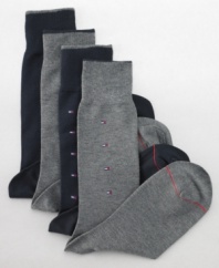 Understated tones make a strong statement with these multi-fabric Tommy Hilfiger socks. Designed for ultimate comfort, the finished toe seam and reinforced heel and toe of the sock will make any shoe seem more bearable.