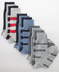 A blend of cotton, spandex, and polyester fabrics provide the ultimate hug for your foot. The Tommy Hilfiger logo accents the top of this 4 pack of striped and solid socks.