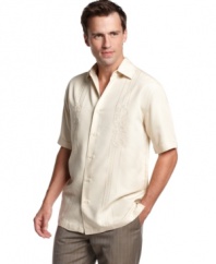 A casual staple, this shirt from Cubavera evokes the timeless style of breezy beach attire.