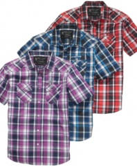 Change up your everyday pattern with this plaid short-sleeved woven shirt from Marc Ecko Cut & Sew.