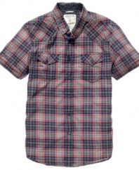 Check classic cool style off your list with this plaid shirt from Guess.
