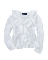 An ultra-soft cotton cardigan is knit in a delicate pointelle design with pretty, long puffed sleeves and ruffled trim
