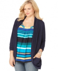 Snag two looks for one great price with NY Collection's three-quarter sleeve plus size top, including an open front cardigan and striped inset. (Clearance)