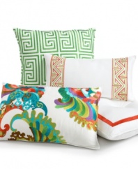 A smooth white background is embellished with a vibrant coral and lime Egyptian-inspired border in this decorative pillow from Trina Turk. Zipper closure.