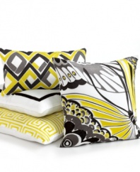 A signature Trina Turk motif, this pillow adds a pop of color to the Trellis Black comforter sets, featuring a vivid Greek key pattern on a crisp white background. Zipper closure.
