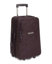 Put your signature on travel! A classic pirouette pattern opens to reveal a coordinating amethyst lining, which features two separate packing areas, an expandable lid and attractive ruffle accenting. Your wardrobe takes front seat in this fully-stocked case with padded garment straps for wrinkle-free travel, a slipper satchel for keeping tabs on shoes and two hideaway zip compartments for small accessories.