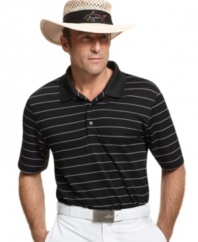 Master those eighteen holes in first class style with this striped performance polo from Greg Norman for Tasso Elba.