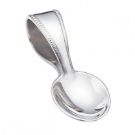 Elegantly designed with delicate beads, this Reed & Barton curved spoon has a looped end makes it easy for little hands to grasp. Its classic look will stand the test of time.