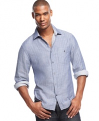 Show off your softer side this summer with this lightweight chambray shirt from Perry Ellis.