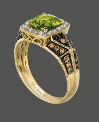 Ornate and elaborate. Indulge yourself in this intricate Le Vian design highlighting a cushion-cut peridot (1-3/4 ct. t.w.) surrounded by round-cut white diamonds (1/10 ct. t.w.) and chocolate diamonds (1/4 ct. t.w.). Crafted in 14k gold. Size 7.