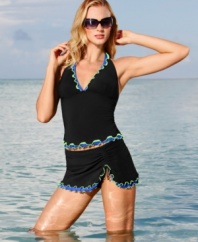 A flattering halter silhouette with bold pop color ruffle accents make this classic Profile by Gottex tankini top a must have this season.