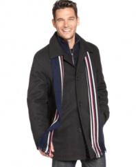 You'll be perfectly outfitted for any occasion with this walking coat from Tommy Hilfiger.  A striped scarf adds some color to your cold-weather style.