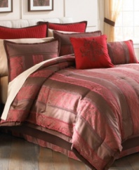 Bold red and brown stripes outlined with lace accents create a decidedly dramatic look in this jacquard woven Tilmont comforter set. Decorative pillows and European shams add an extra pop of red. Comes complete with bedskirt, sheet set and window treatments for a total room transformation. (Clearance)
