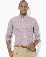 Defined by classic gingham, this trim-fitting sport shirt in crisp cotton poplin is essential for preppy style.
