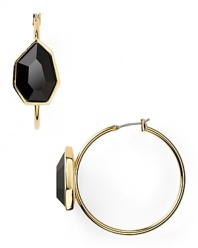 Inject some serious edge into your jewel box with pair of earrings from T Tahari. These stunning hoops boast a faceted black crystal stone, classically framed in gold plated metal.