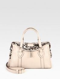 Animal printed hair calf accents this supple leather design for a truly chic style.Double top handles, 4 dropAdjustable shoulder strap, 19-26 dropTop zip closureOne outside zip pocketProtective metal feetOne inside zip pocketOne inside open pocketCanvas lining12½W X 8H X 3¾DMade in Italy
