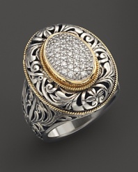 Pavé diamonds in an engraved sterling silver ring with roped 18K yellow gold accents from Konstantino.
