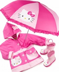 This kitty loves the water! Hello Kitty will protect your little one from showers big and small in pretty pink style with this polka dot umbrella featuring a no-pinch mechanism.