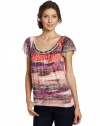 AGB Women's Burnout Top With Flutter Sleeves and Braided Neck Trim