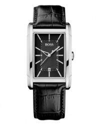 A stylish timepiece that will have you emitting confidence with every passing second. Hugo Boss watch crafted of black croc-embossed leather strap and square stainless steel case. Black grid-patterned dial features applied silver tone numerals, stick indices, date window at six o'clock, three hands and logo at twelve o'clock. Quartz movement. Water resistant to 30 meters. Two-year limited warranty.