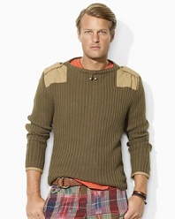 Crafted in a comfortable ribbed knit from soft, cashmere-like cotton, a handsome crewneck sweater channels rugged military styling with shoulder epaulets and soft chino twill patchwork.
