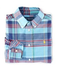 A button-down shirt in crisp woven cotton is perfectly preppy in bold-hued madras.
