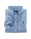 A long-sleeved sport shirt is rendered in a bright, crisp multi-striped cotton poplin.