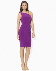 The epitome of chic sophistication in a ruched one-shoulder silhouette, this dress is tailored from slinky matte jersey with draped detailing for a dramatic effect.