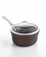 Just right. The perfect kitchen companion, this elegant bronze piece features multiple layers of nonstick technology, a hard-anodized construction and stay-cool handles for an unrivaled combination of professional performance and everyday ease. Your go-to for simmering sauces and gravies, boiling eggs, preparing soups and more. Lifetime warranty.