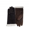 Heavy duty construction and delicate details. Contrast stitching feminizes these thickly-lined suede gloves by Isotoner.