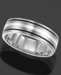 Dashing in design, this Triton ring features a stylish striped design and comfortable fit. Crafted in titanium with white and black resin inlay. Approximate band width: 7 mm. Sizes 8-15.