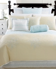Delicate embroidery in light blue embellishes pure white Egyptian cotton for a crisp, refreshing appeal.