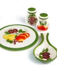 Ripe for the taking, the Desirah stovetop set keeps your kitchen and table looking fresh with apples, pears, and other juicy finds from the orchard. With a country feel and beaded green trim in casual earthenware. From Tabletops Unlimited's collection of serveware and serving dishes.