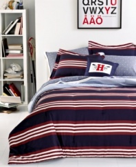 A true sport! The Kempton comforter set from Tommy Hilfiger exudes All-American style with a red, white & blue striped landscape. The reverse features a muted pinstripe pattern, giving the set a two-dimensional appearance.