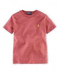 A classic tee is rendered in solid cotton jersey for a fun and casual look.