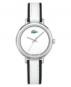 Sporty yet refined, this Lacoste watch delivers ultimate style. White and black nubuck leather strap and round stainless steel case. White dial with logo. Quartz movement. Water resistant to 30 meters. Two-year limited warranty.