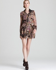 Day-to-night style arrives in a flourish of florals with this Gryphon shirt dress touting a sequin collar for a subtle infusion of glamour. A concealed front placket and cinched waist add femininity to the mini-a most major look for fall.