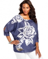 A blooming print renews Seven7 Jeans' three-quarter sleeve plus size top-- celebrate the season in style!
