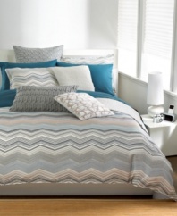 Design in motion! Multicolor zigzag patterns take center stage on this Bar III Bedding Moto comforter, giving your bed a modern update. The reverse features a muted pinstripe landscape for a contrasting effect.