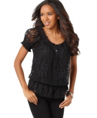 A peasant top gets a romantic makeover from NY Collection! The sheer lace fabric elevates an essential piece.