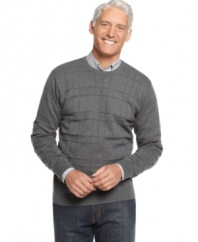 Layer on this windowpane crew neck sweater from Van Heusen over a tonal button-down for a clean, casual look that's weekend ready. (Clearance)