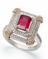 Royal etiquette. This stunning ring combines an emerald-cut ruby (2 ct. t.w.) with two rows of round-cut diamonds (1/2 ct. t.w.). Set in 14k white gold with 14k rose gold corners.