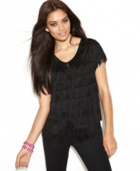 Add a fun layer to your look with INC's short sleeve plus size cardigan, featuring a fringed finish.