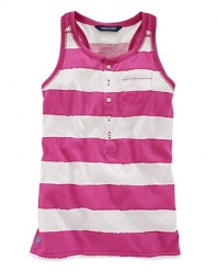 Fun sleeveless tank in soft cotton jersey is adorned with a bold stripe print.