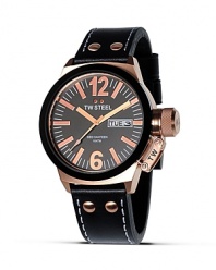 TW Steel teams a rose gold accented face with a classic leather strap for of-the-moment appeal.