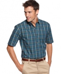 Plaid takes you from the office to dinner in style and so will this short-sleeved shirt from Van Heusen.