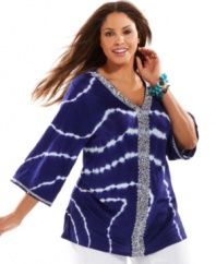 Soak up the sunshine with INC's three-quarter sleeve plus size top, flaunting a groovy print!