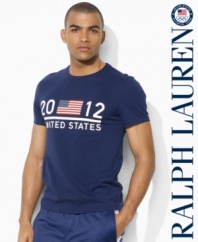 In celebration of Team USA's participation in the 2012 Olympics, a trim-fitting crew neck T-shirt in soft cotton jersey is accented with a bold United States graphic at the chest.