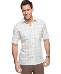 Stride into the summer sun with this crisp linen blend plaid shirt from Tasso Elba.