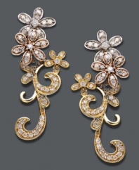 Frame your face with a delightful floral effect. Earrings feature a clever design that highlights intricate flowers and scrolls decorated by round-cut diamonds (3/4 ct. t.w.). Set in 14k rose gold, 14k gold, and 14k white gold. Approximate drop: 1 inch.
